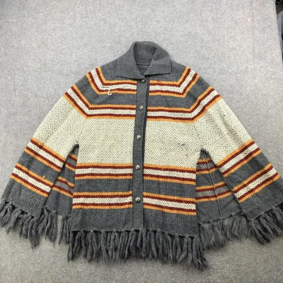 VINTAGE Wool Poncho Cape Womens One Size Gray Fringe Button ILGWU Made USA 70s - Picture 1 of 15
